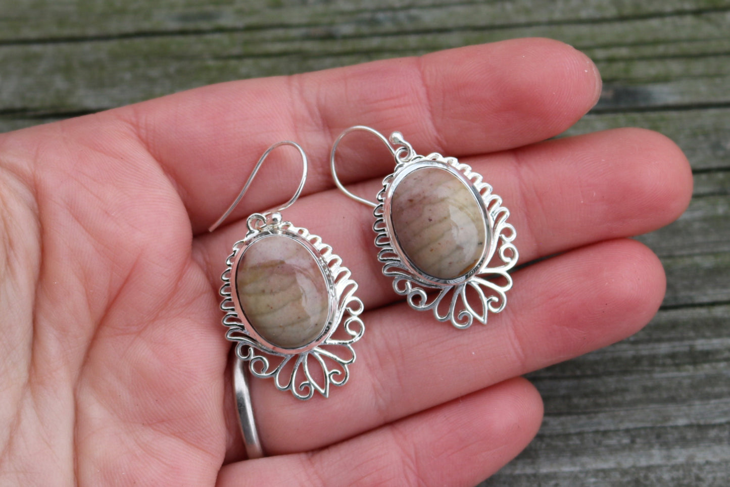 Willow Creek Jasper Earrings Dangling Beige Pink Oval Jewelry 1.6" 925 Silver