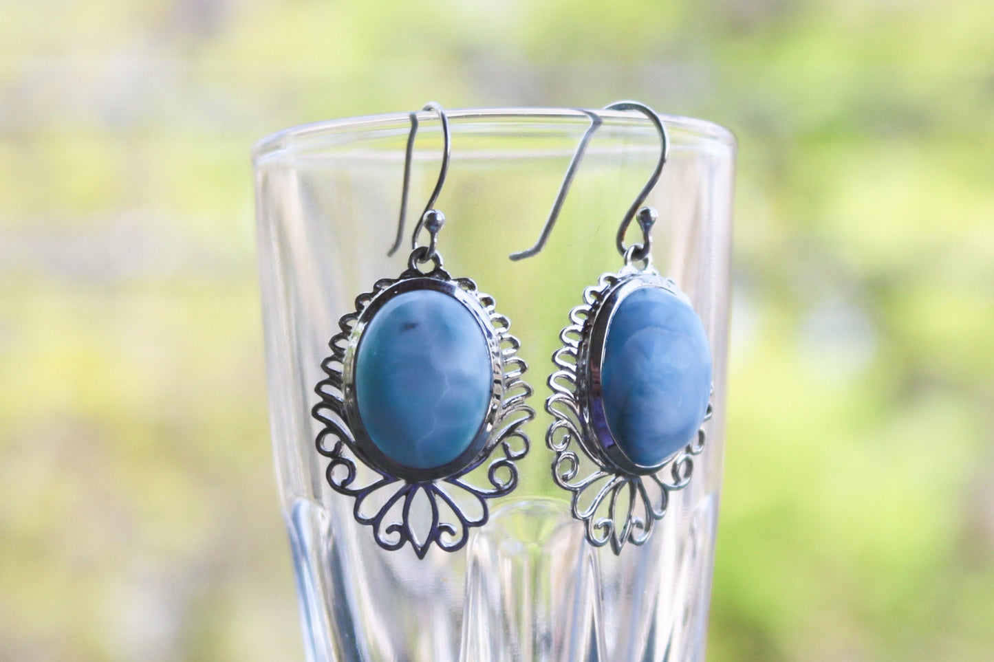 Larimar Earrings Dominican Dangle Blue Ocean Summer 1.6" 9 gram 925 Silver