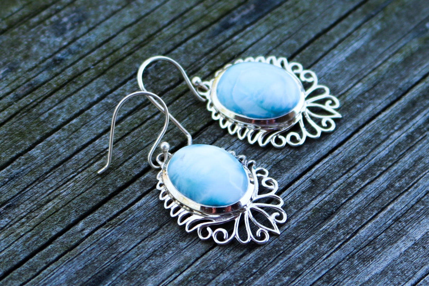 Larimar Earrings Dominican Dangle Blue Ocean Summer 1.6" 9 gram 925 Silver