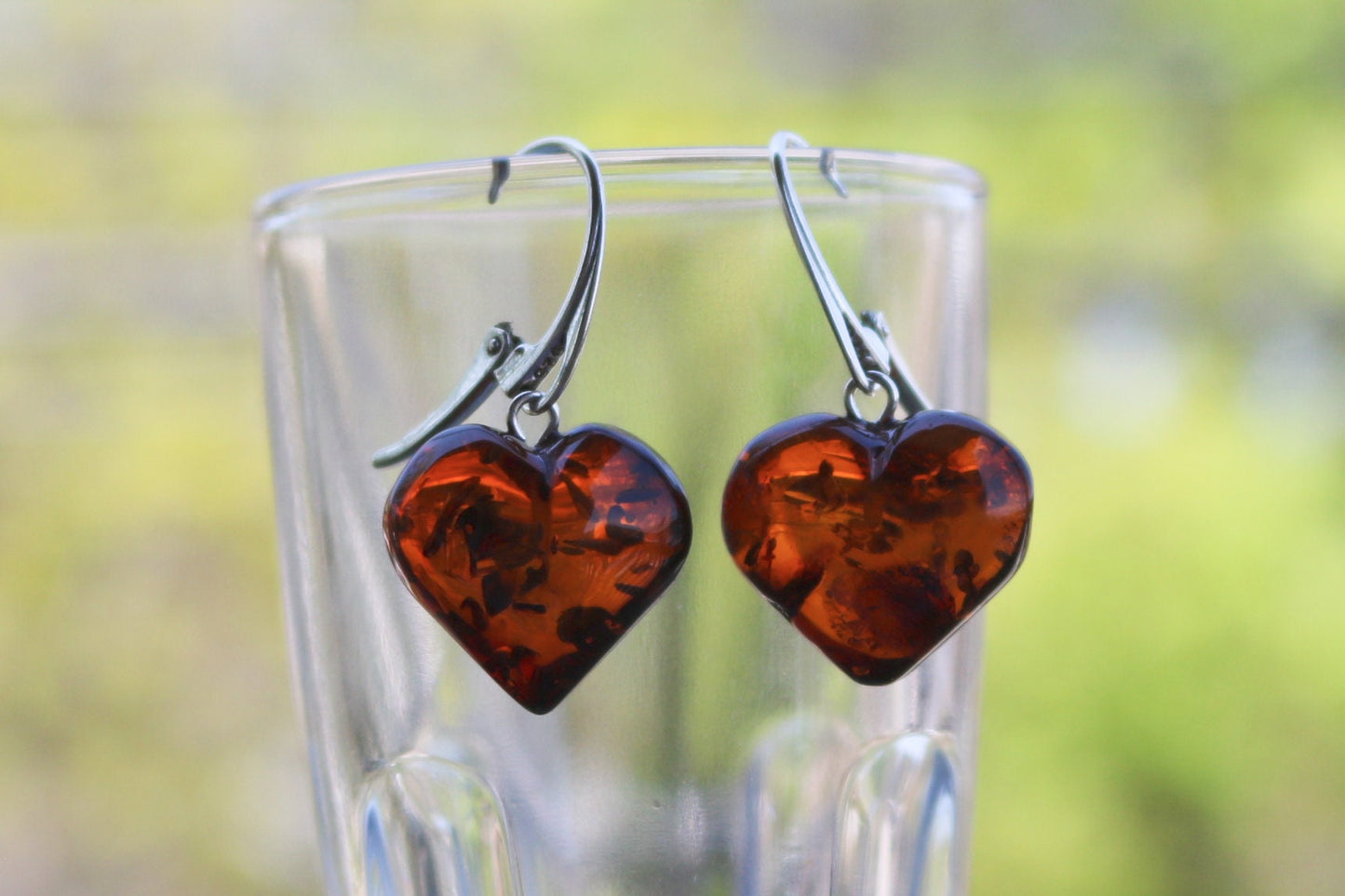 Baltic Amber Heart Earrings Cherry Natural Dangling Jewelry 1.4″ 4.3 gram 925 Silver