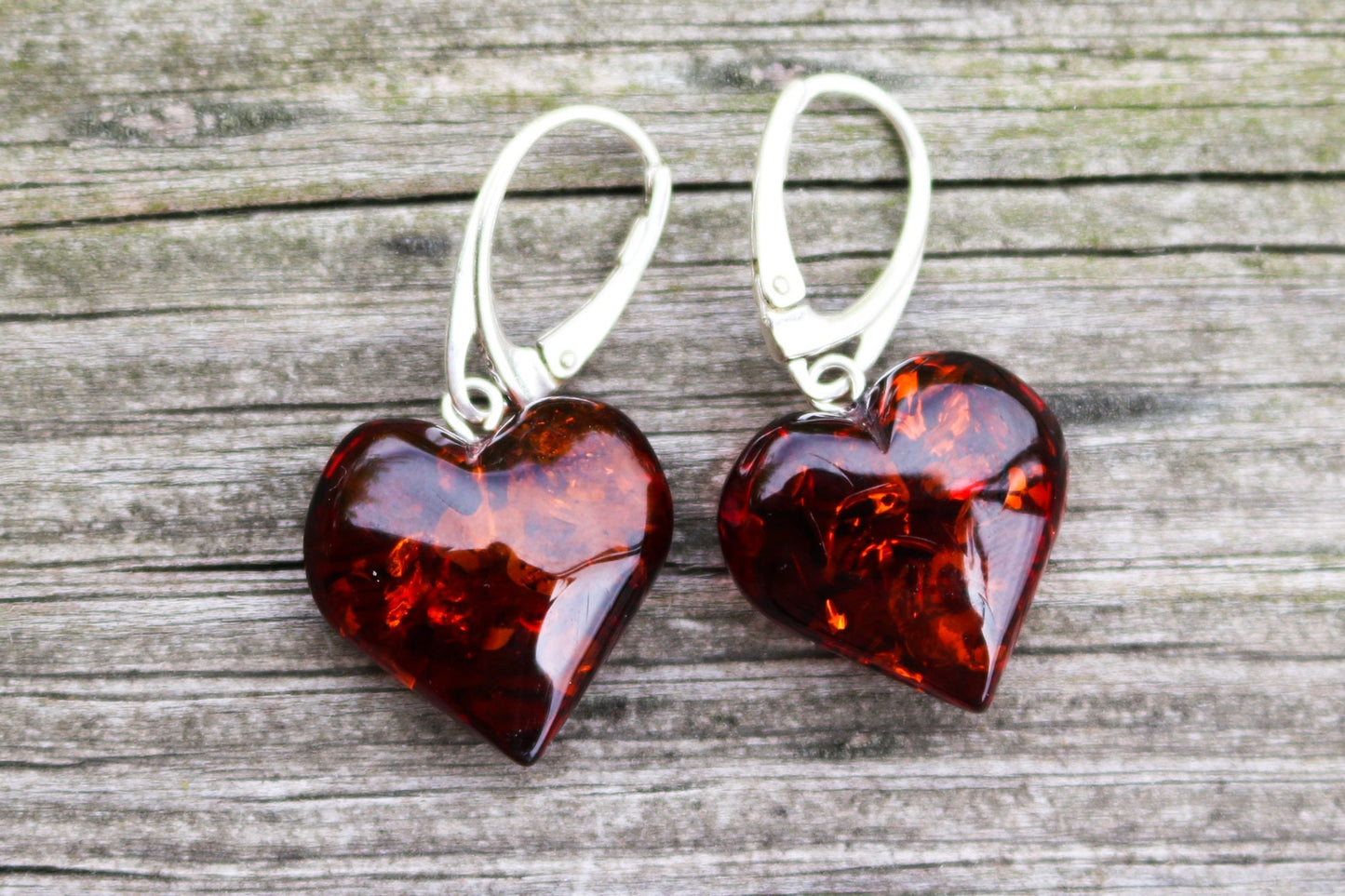 Baltic Amber Heart Earrings Cherry Natural Dangling Jewelry 1.4″ 4.3 gram 925 Silver