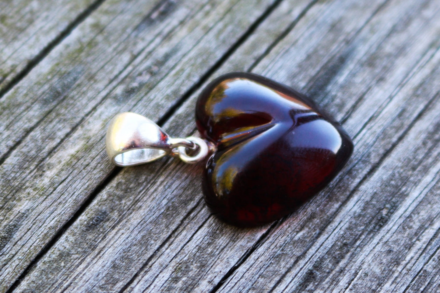 Baltic Amber Heart Pendant Cherry Natural Carved 1.2" 2.5 gram 925 Silver