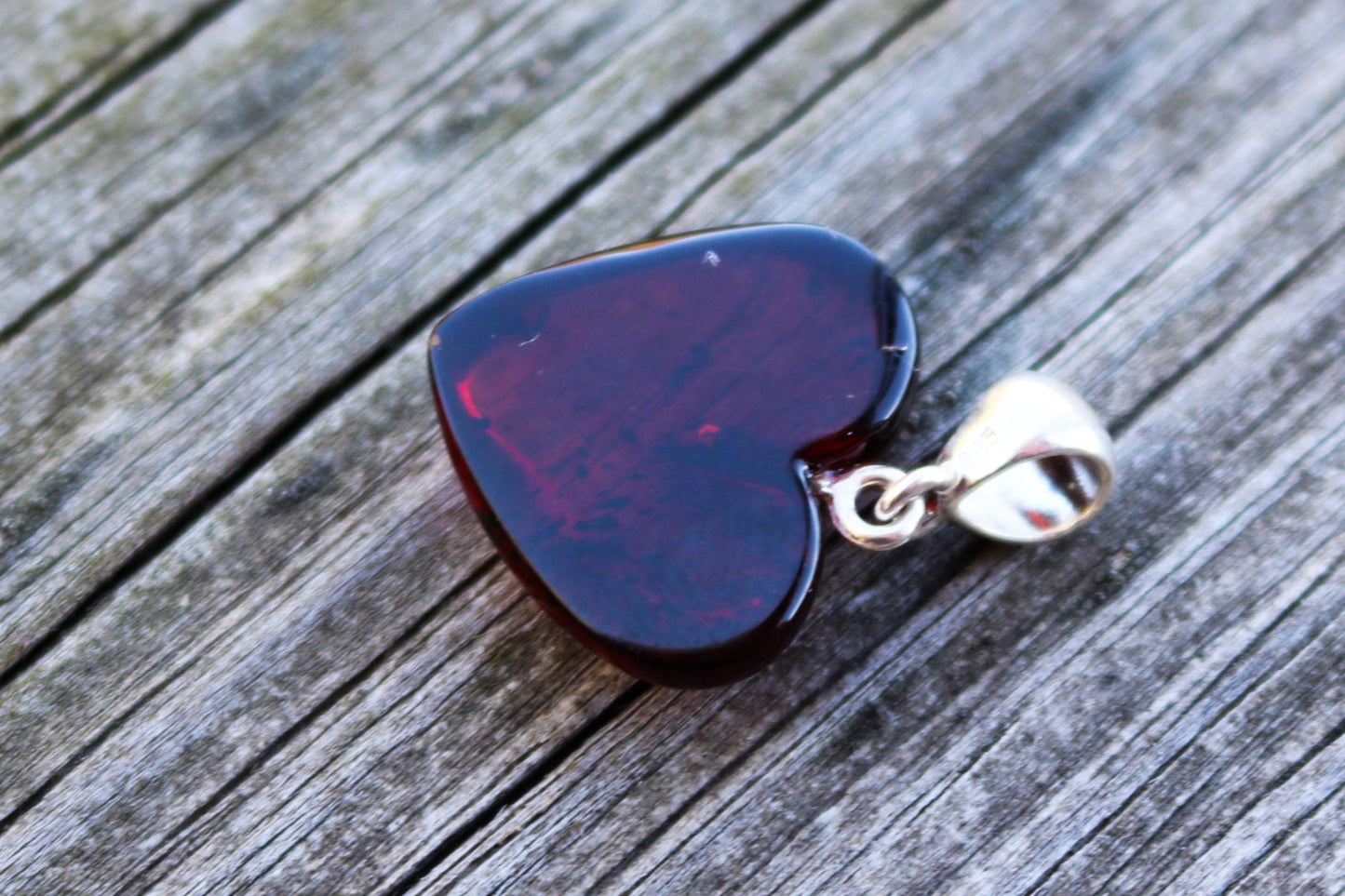 Baltic Amber Heart Pendant Cherry Natural Carved 1.2" 2.5 gram 925 Silver