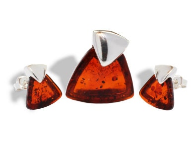 Baltic Amber Jewelry Set Cherry Earrings and Pendant 925 silver