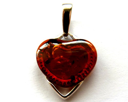 Baltic Amber Heart Pendant Cherry Charm 0.9″ 925 Silver