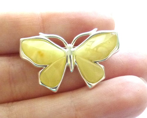 Baltic Amber Butterfly Pin Brooch Butterscotch 925 Silver