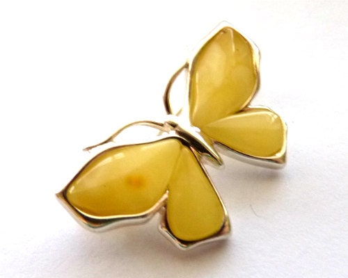 Baltic Amber Butterfly Pin Brooch Butterscotch 925 Silver