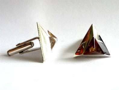 Baltic Amber Jewelry Cuff Links Triangle Unisex Cognac Geometric Natural 925 silver