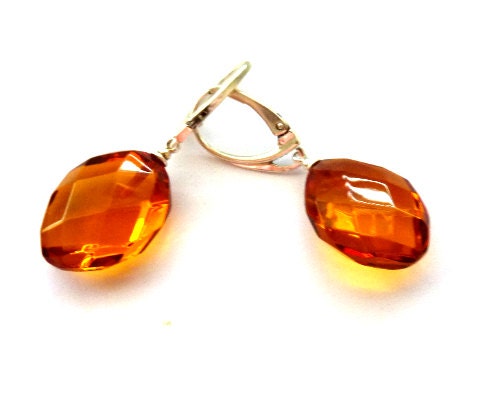 Baltic Amber Earrings Faceted Honey Natural Jewelry 1.57" 4.1 gram 925 Silver