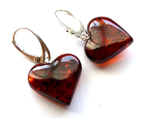 Baltic Amber Heart Earrings Cherry Natural Dangling Jewelry 1.34″ 3 gram 925 Silver