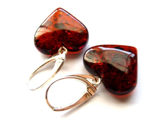 Baltic Amber Heart Earrings Cherry Natural Dangling Jewelry 1.34″ 3 gram 925 Silver