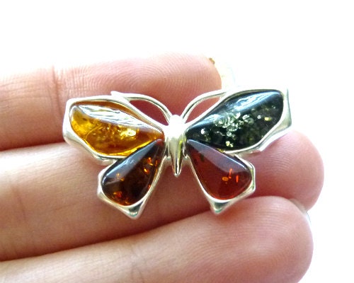 Baltic Amber Jewelry Butterfly Pin Brooch Multicolor 925 Silver