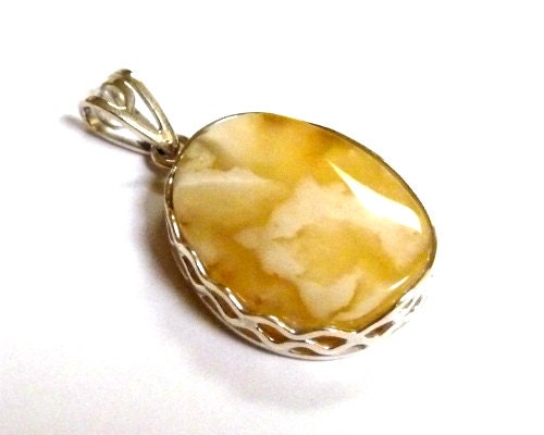 Baltic Amber Royal White Butterscotch Pendant Natural Milky 1.9" 12 gram 925 Silver